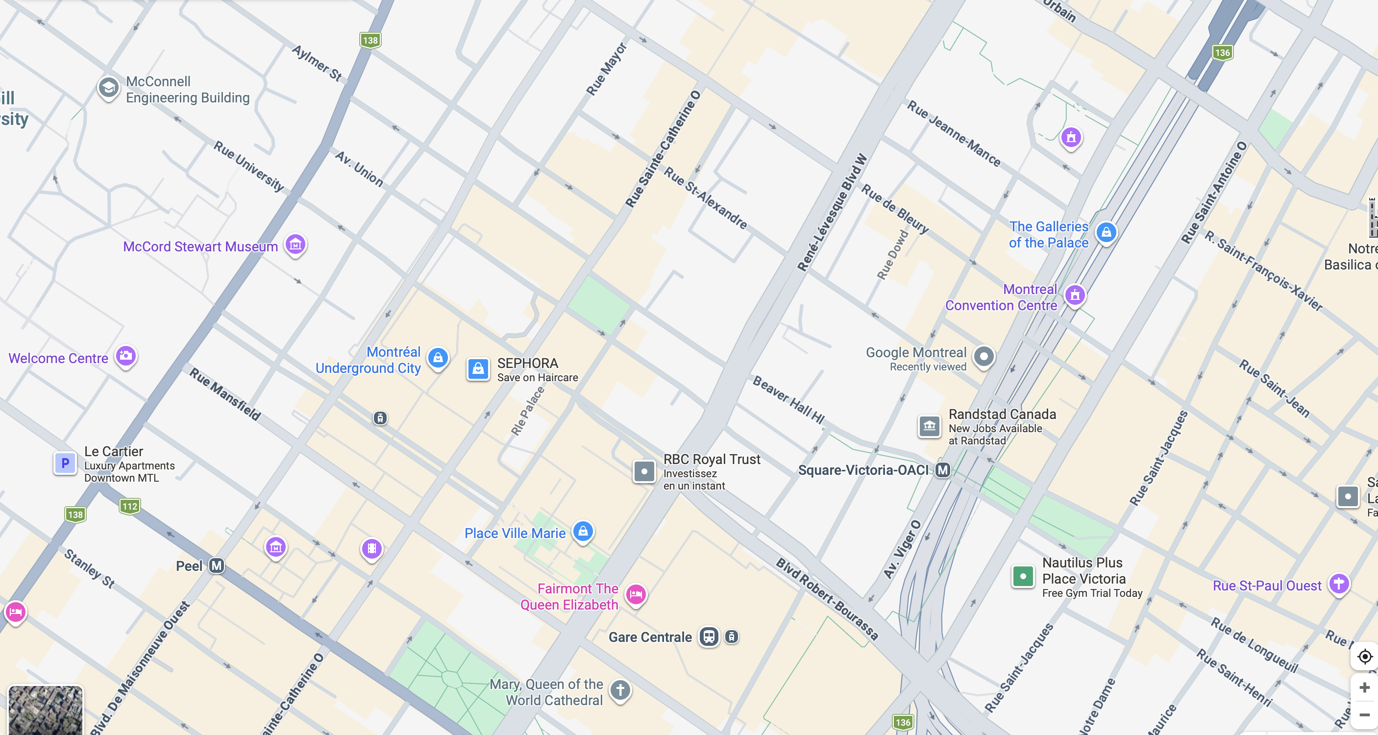 Carte du centre-ville de Montréal